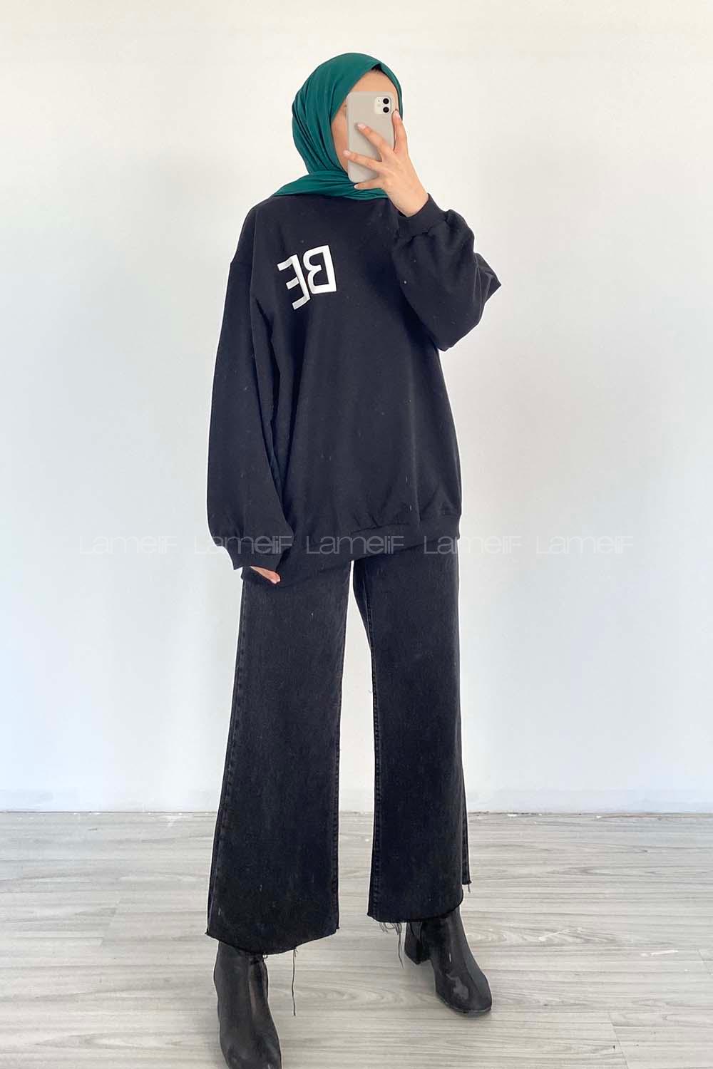 Modalamelif Bisiklet Yaka BE Yazılı Sweatshirt Siyah