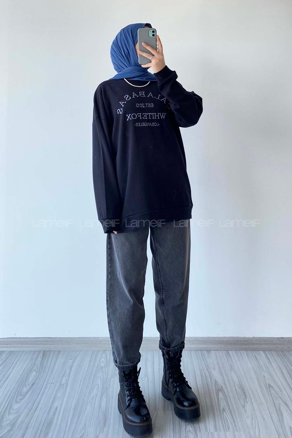 Modalamelif Bisiklet Yaka Calabasas Baskı Nakış Detaylı Sweat Siyah