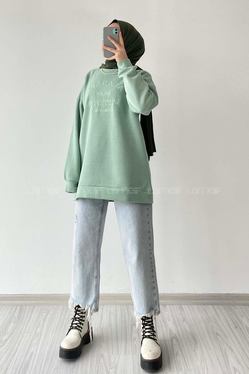 Modalamelif Bisiklet Yaka Calabasas Baskılı Sweat Mint Yeşili