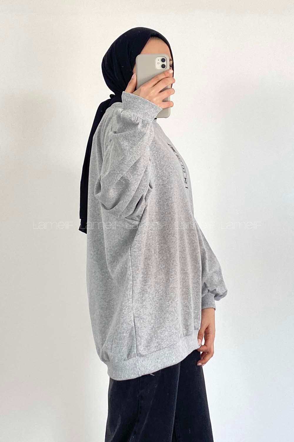 Modalamelif Bisiklet Yaka Çin Yazılı Sweatshirt Gri