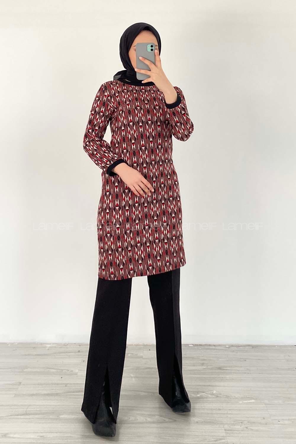 Modalamelif Bisiklet Yaka  Etnik Desen Tunik Bordo-Kırmızı