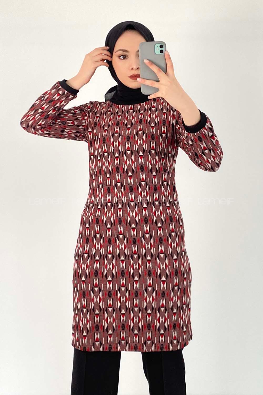 Modalamelif Bisiklet Yaka  Etnik Desen Tunik Bordo-Kırmızı