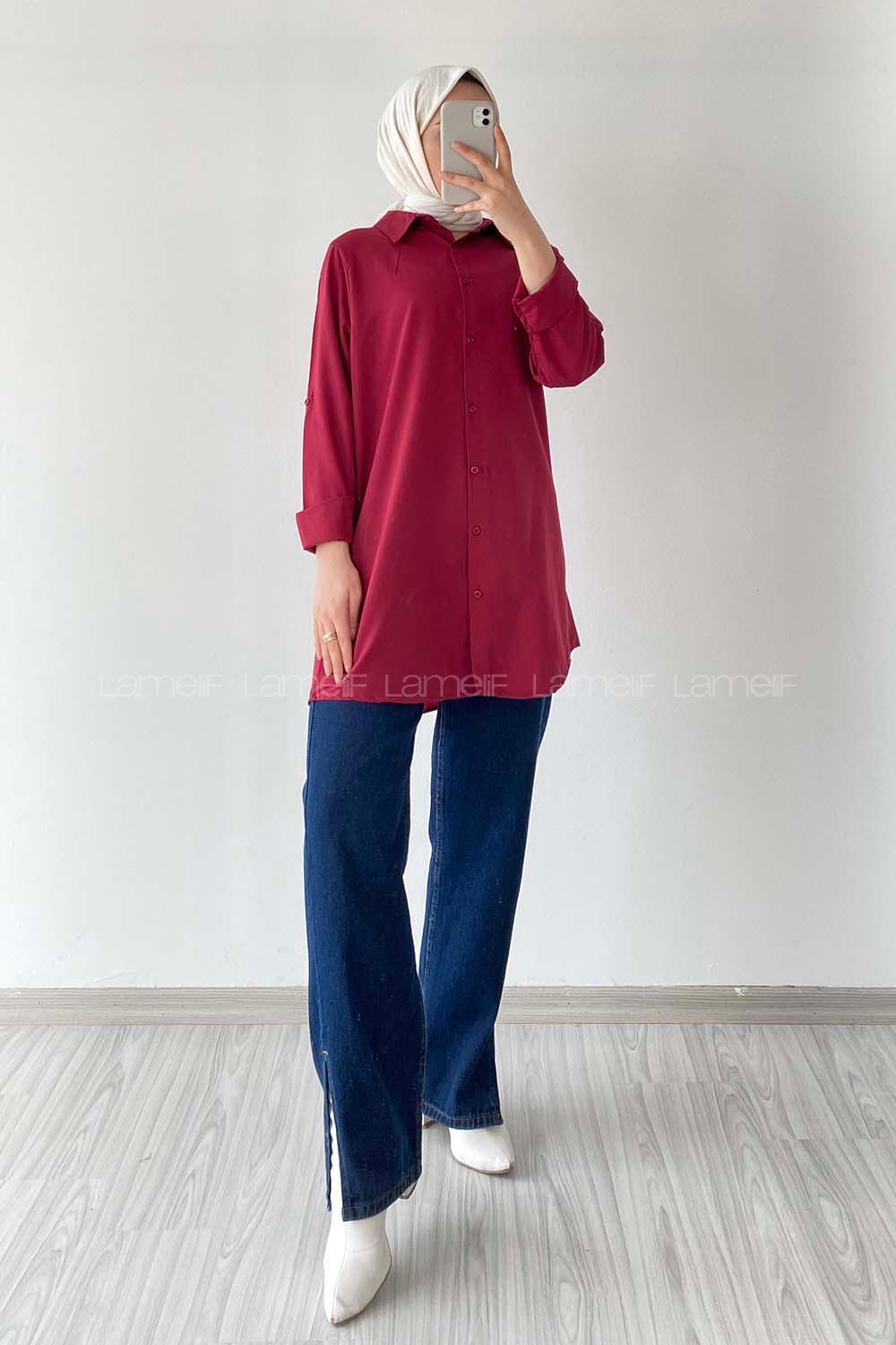 Modalamelif Boyfriend Boydan Düğmeli Gömlek Bordo