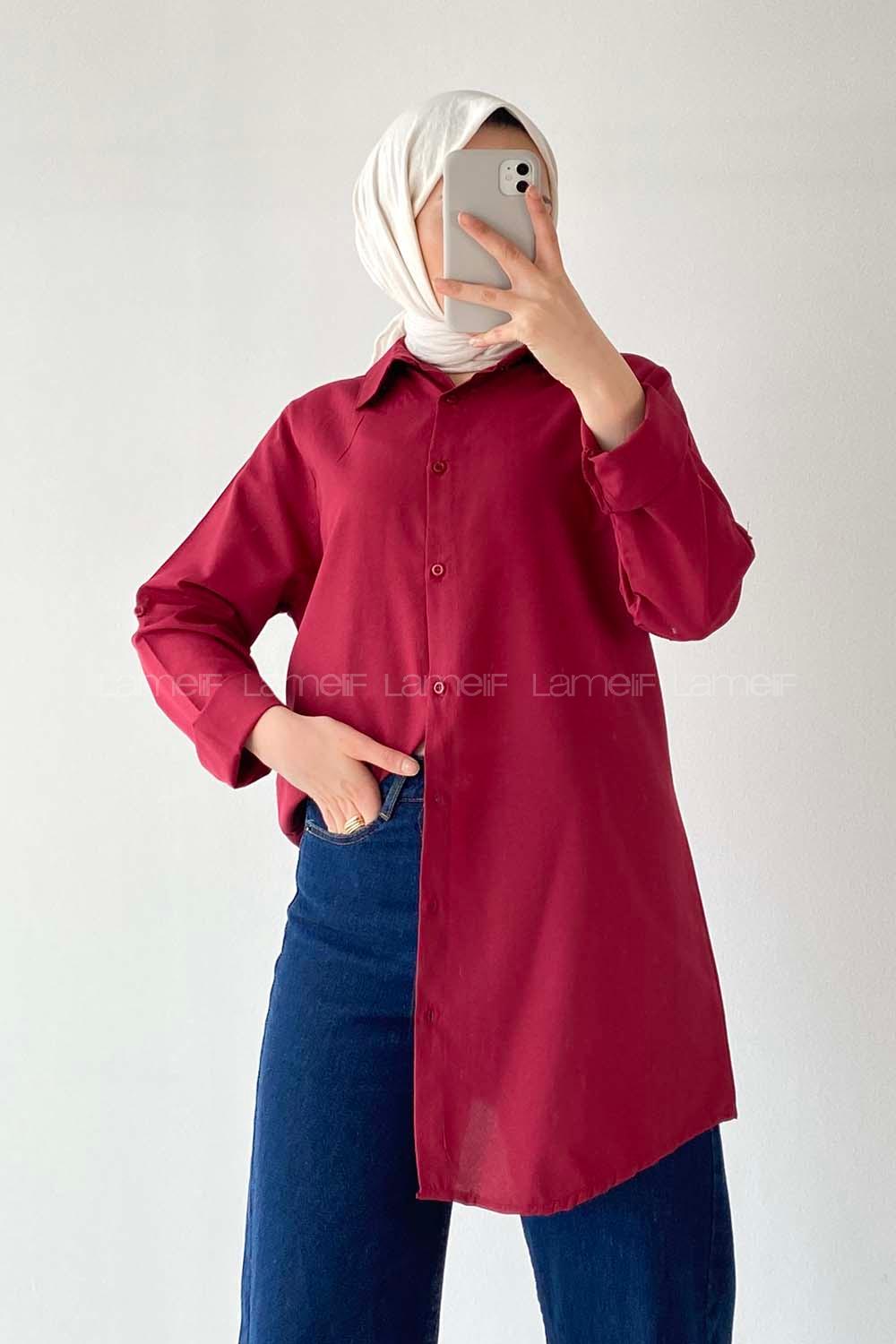 Modalamelif Boyfriend Boydan Düğmeli Gömlek Bordo