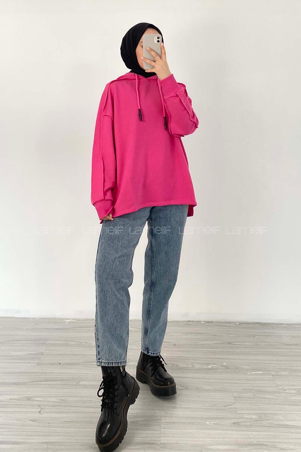 Modalamelif Kapüşon Detaylı Ters Dikiş Model Ursula Sweat Fuşya