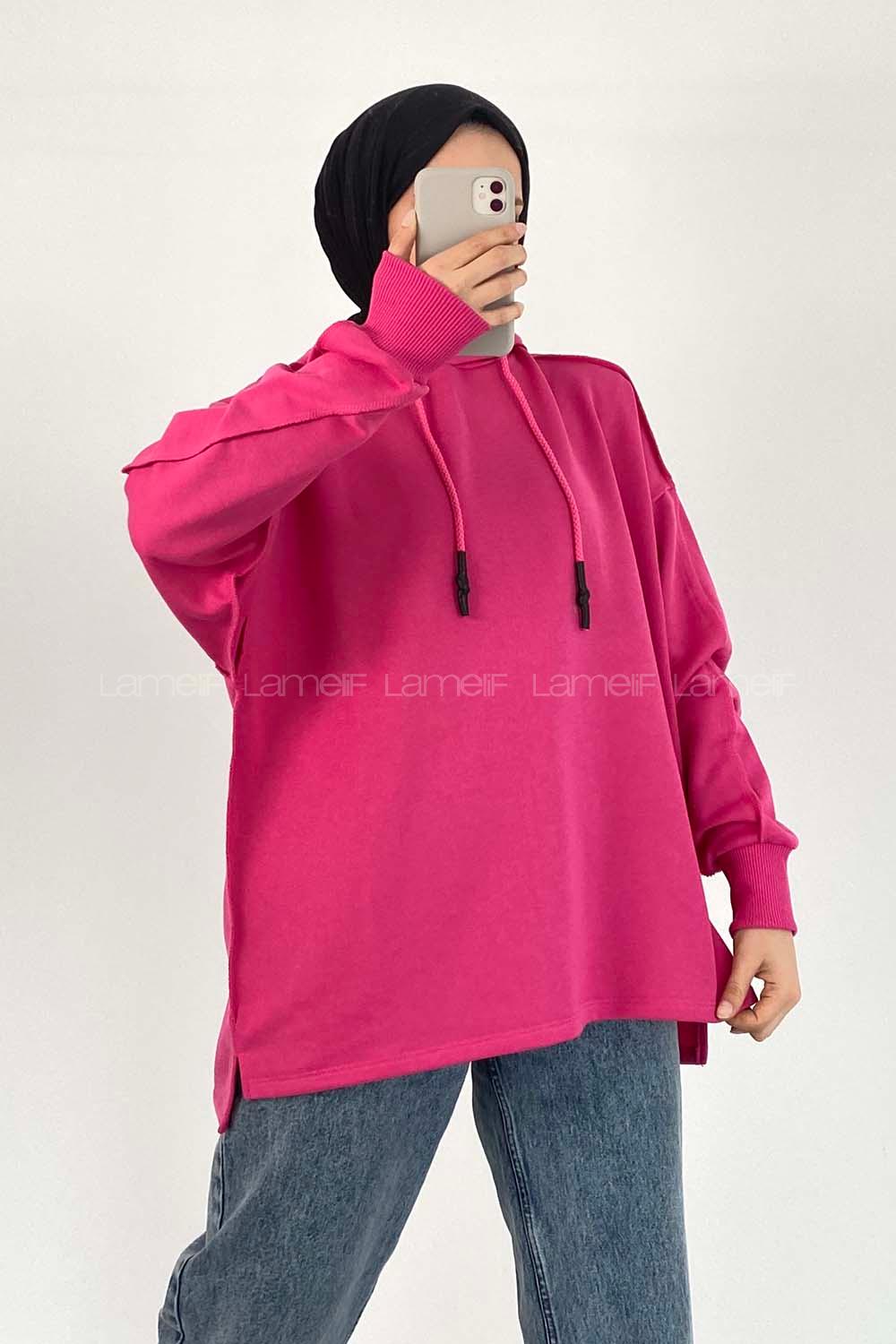 Modalamelif Kapüşon Detaylı Ters Dikiş Model Ursula Sweat Fuşya