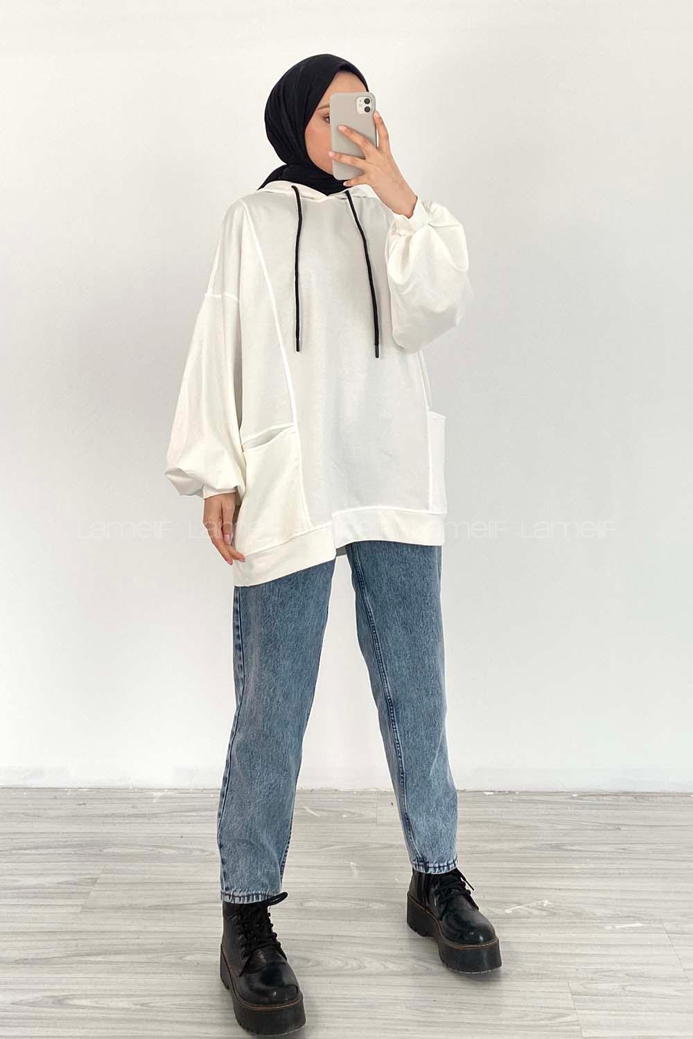 Modalamelif Kapüşonlu Salaş Çift Cepli Sweat Beyaz