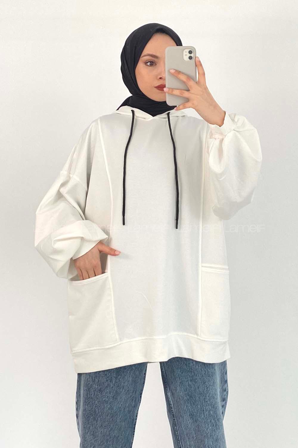 Modalamelif Kapüşonlu Salaş Çift Cepli Sweat Beyaz