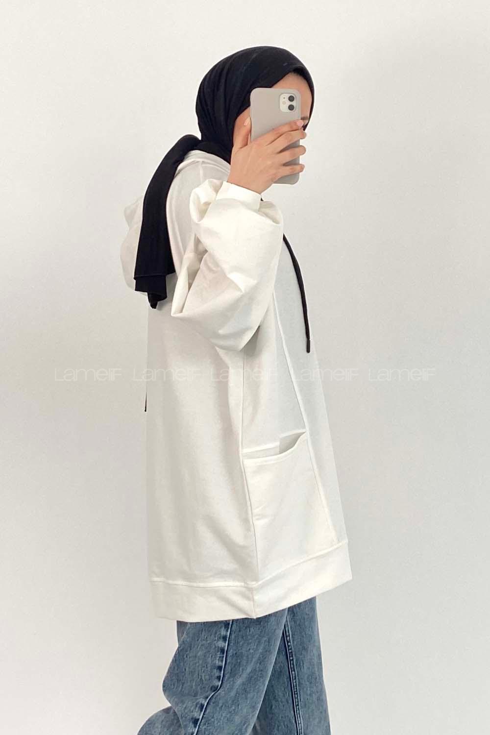 Modalamelif Kapüşonlu Salaş Çift Cepli Sweat Beyaz