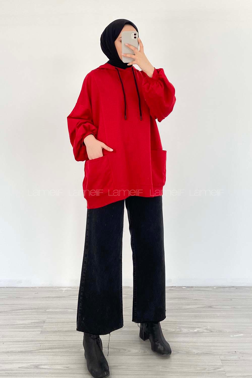 Modalamelif Kapüşonlu Salaş Çift Cepli Sweat Kırmızı