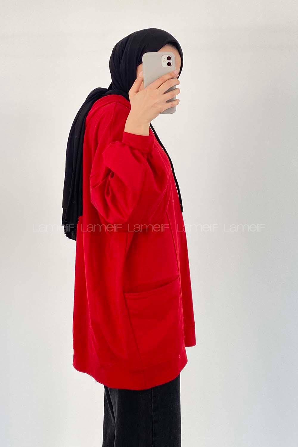 Modalamelif Kapüşonlu Salaş Çift Cepli Sweat Kırmızı