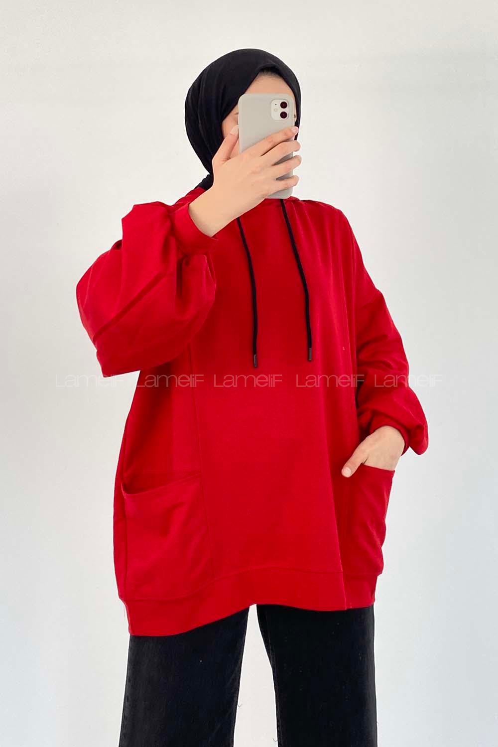 Modalamelif Kapüşonlu Salaş Çift Cepli Sweat Kırmızı