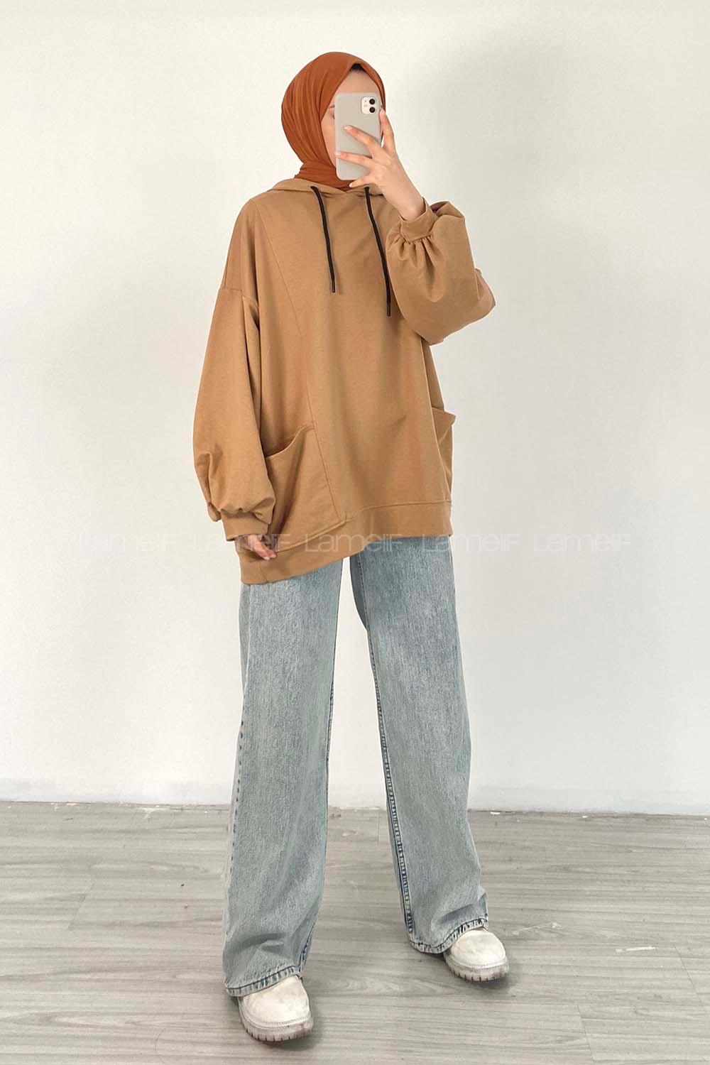 Modalamelif Kapüşonlu Salaş Çift Cepli Sweat Sütlükahve