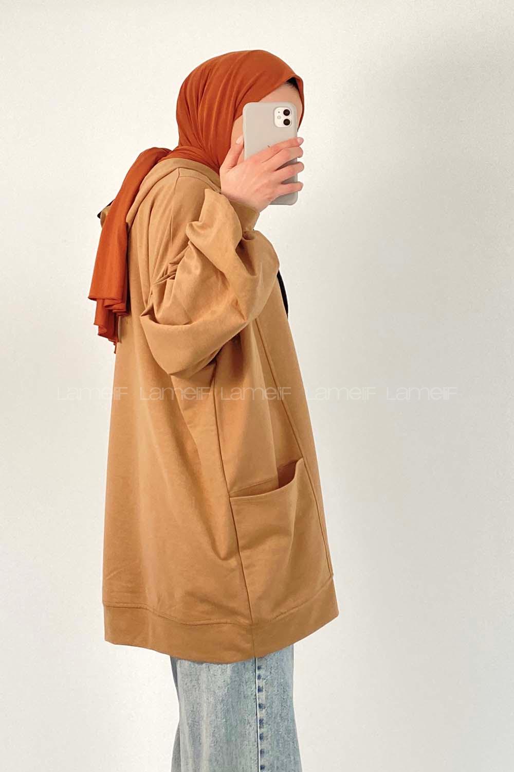 Modalamelif Kapüşonlu Salaş Çift Cepli Sweat Sütlükahve