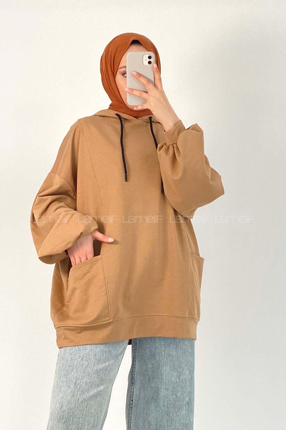 Modalamelif Kapüşonlu Salaş Çift Cepli Sweat Sütlükahve