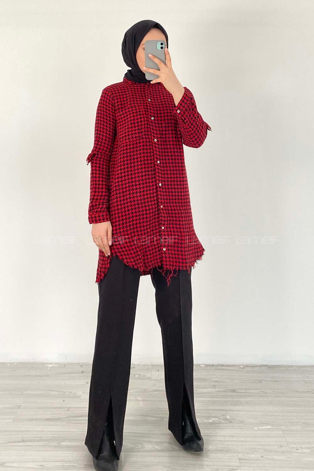 Modalamelif Kazayak Desenli Tek Cepli Uzun Püsküllü Gömlek Bordo