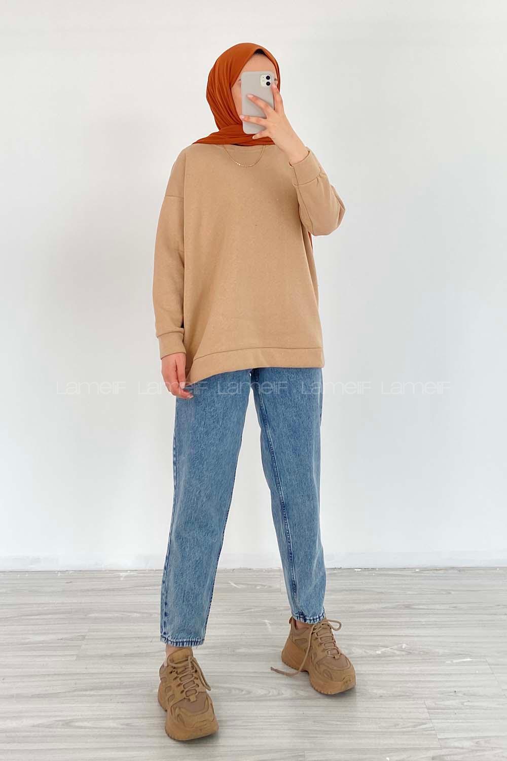 Modalamelif Kol Ve Etek Ucu Manşetli 3 İplik Sweat Sütlü Kahve