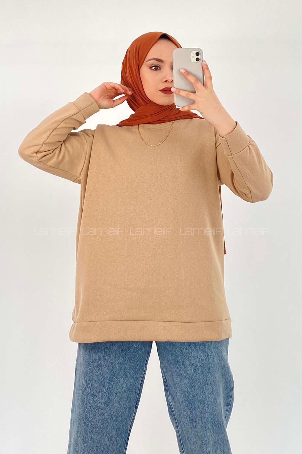 Modalamelif Kol Ve Etek Ucu Manşetli 3 İplik Sweat Sütlü Kahve