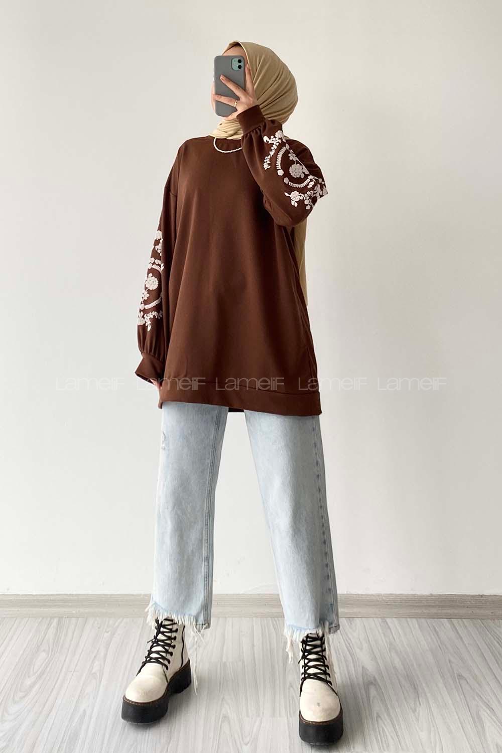 Modalamelif Kolları Çiçek Baskılı Sweatshirt Acı Kahve