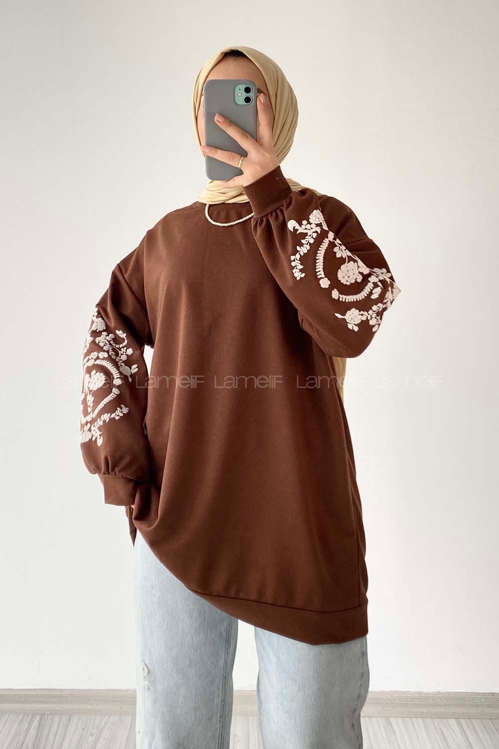 Modalamelif Kolları Çiçek Baskılı Sweatshirt Acı Kahve