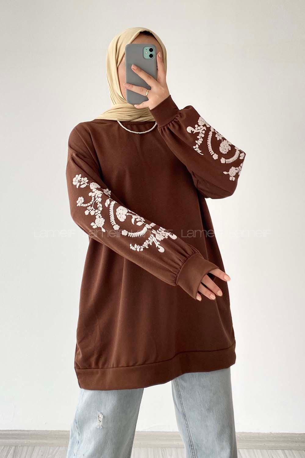 Modalamelif Kolları Çiçek Baskılı Sweatshirt Acı Kahve
