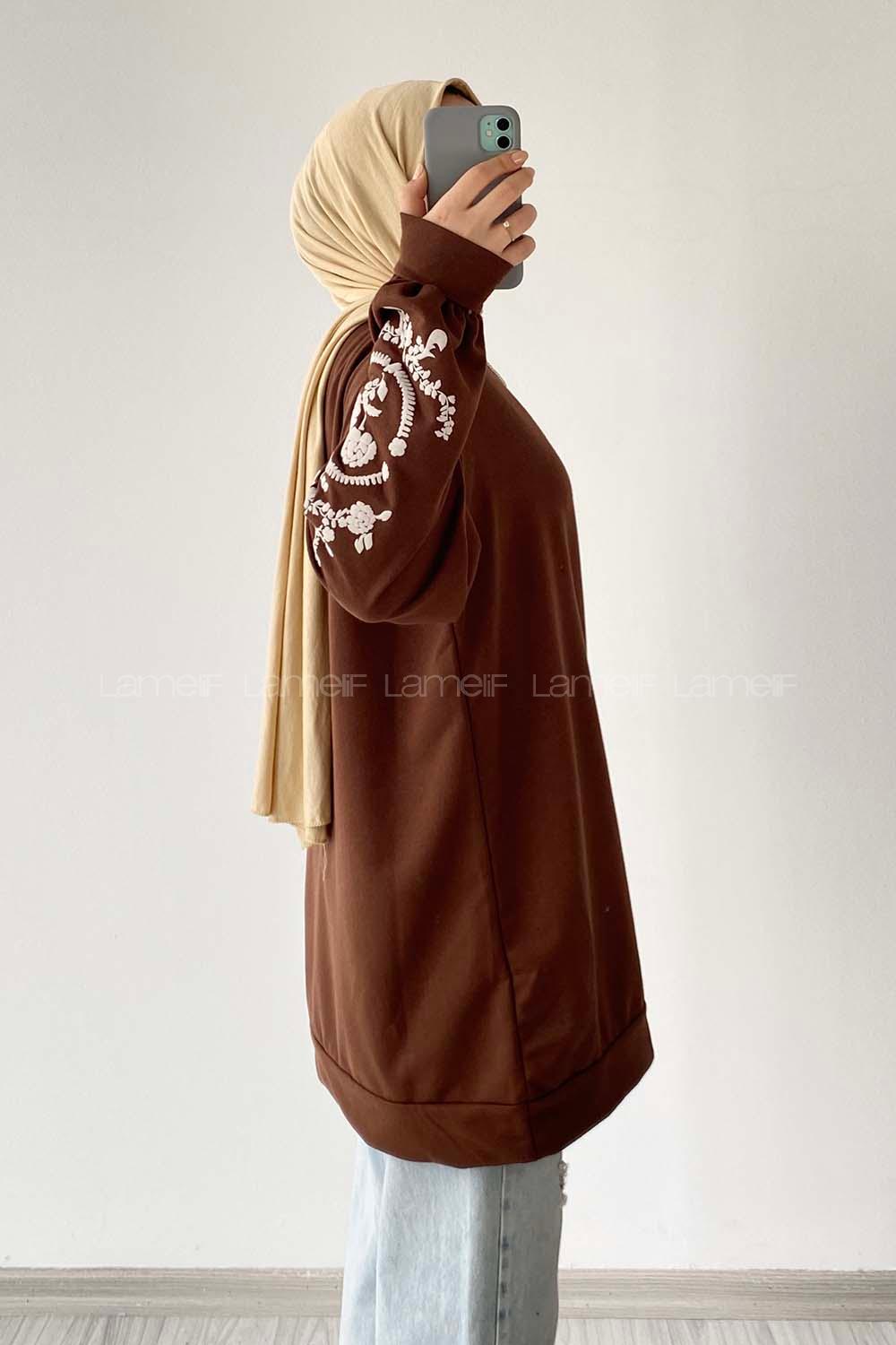 Modalamelif Kolları Çiçek Baskılı Sweatshirt Acı Kahve