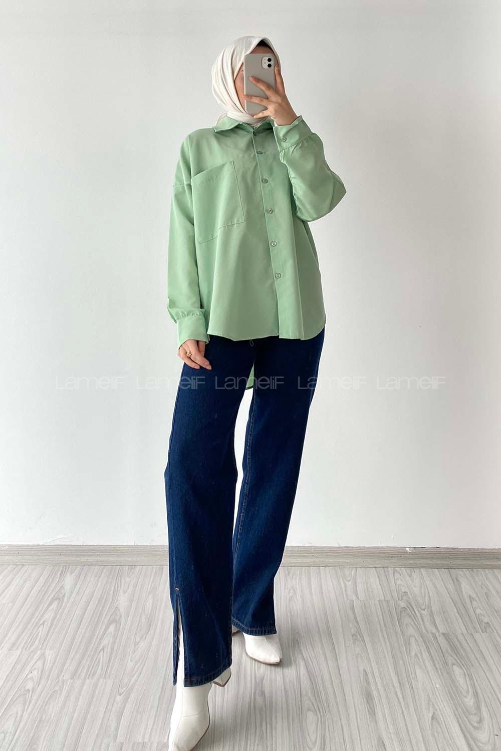 Modalamelif Oversize Tek Cepli Asimetrik Kesim Gömlek Çağla Yeşili