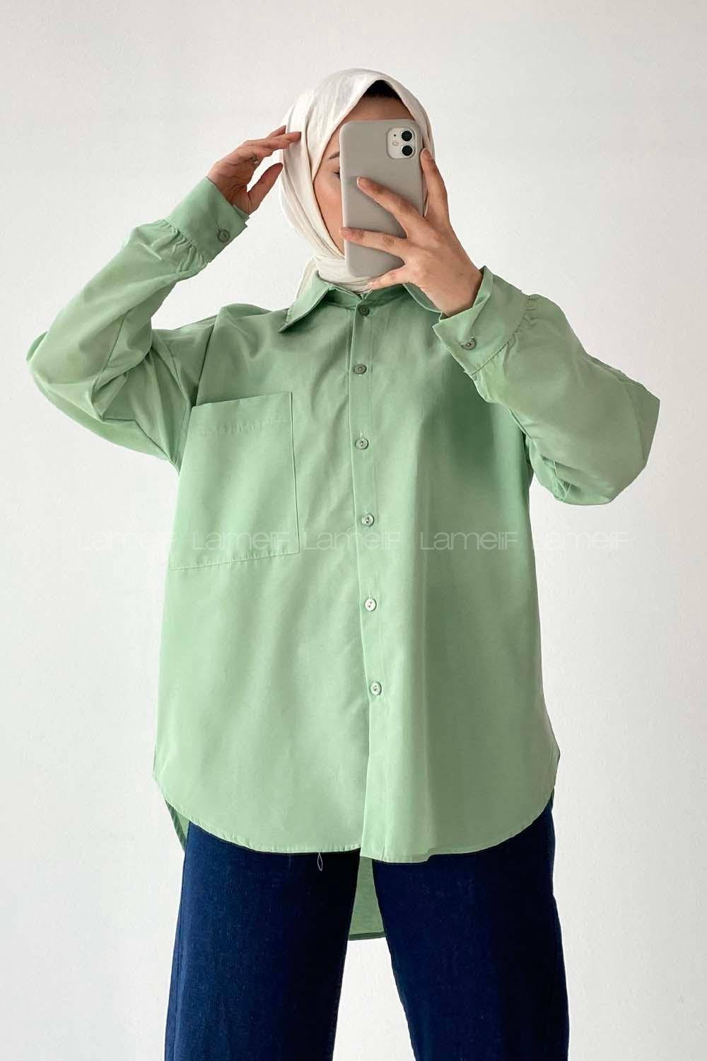 Modalamelif Oversize Tek Cepli Asimetrik Kesim Gömlek Çağla Yeşili