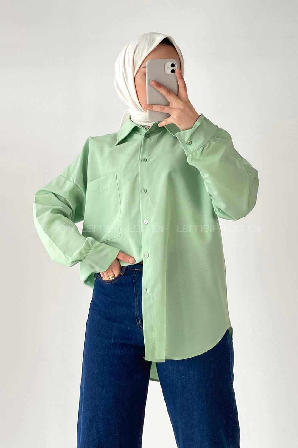 Modalamelif Oversize Tek Cepli Asimetrik Kesim Gömlek Çağla Yeşili