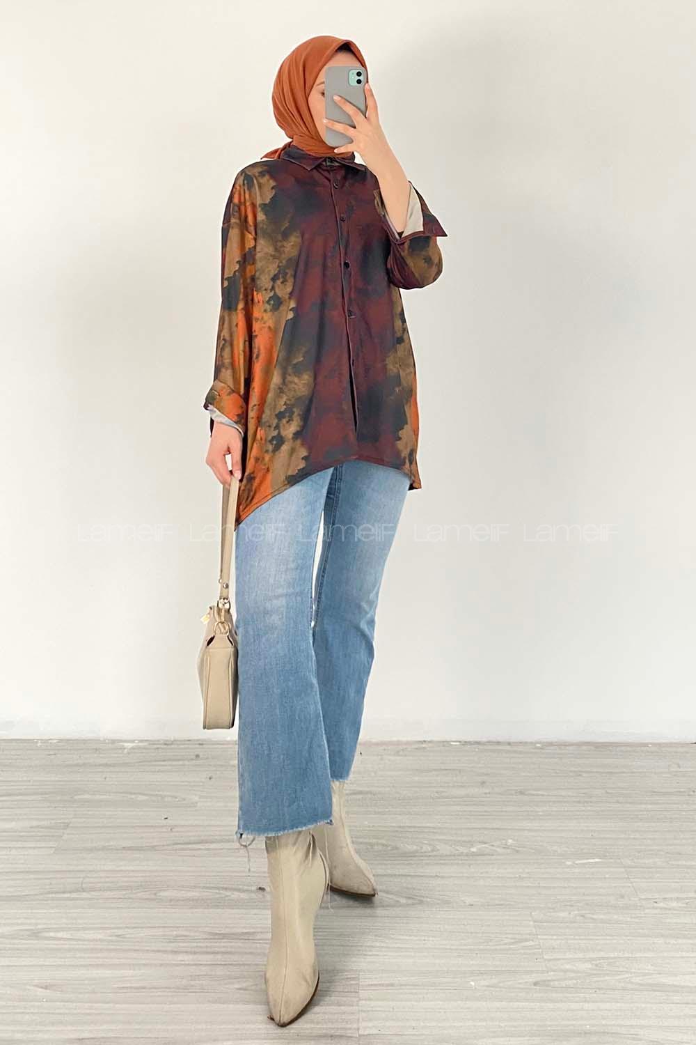 Modalamelif Püskürtme Boya Desen Tarz Gömlek Koyu Kahverengi
