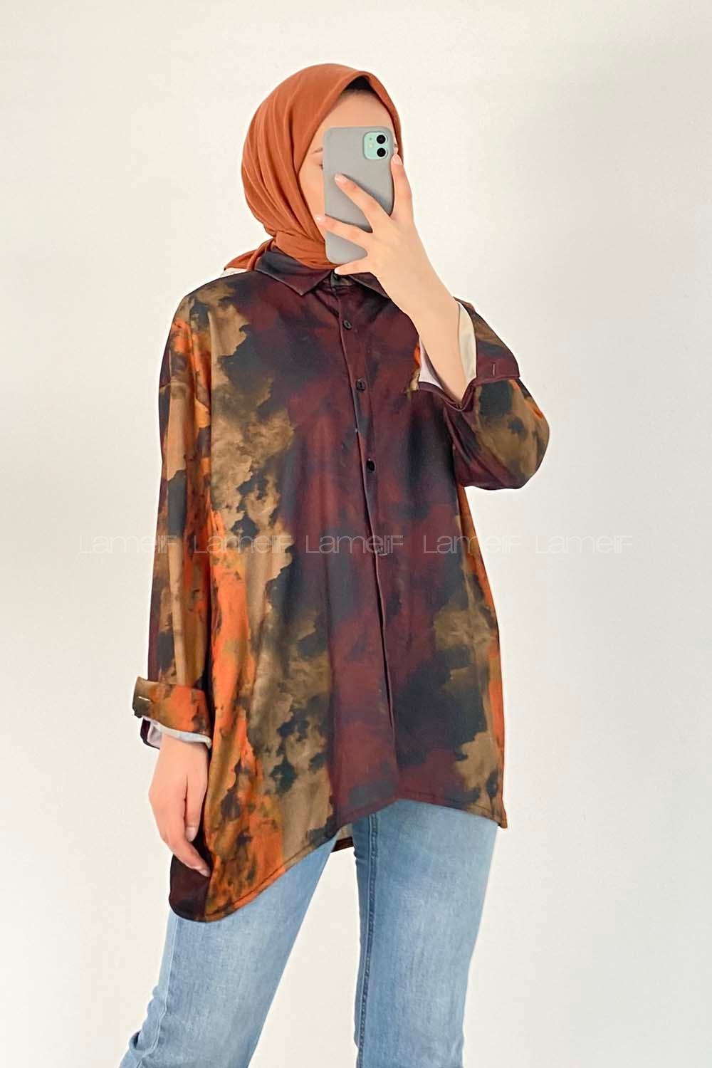 Modalamelif Püskürtme Boya Desen Tarz Gömlek Koyu Kahverengi