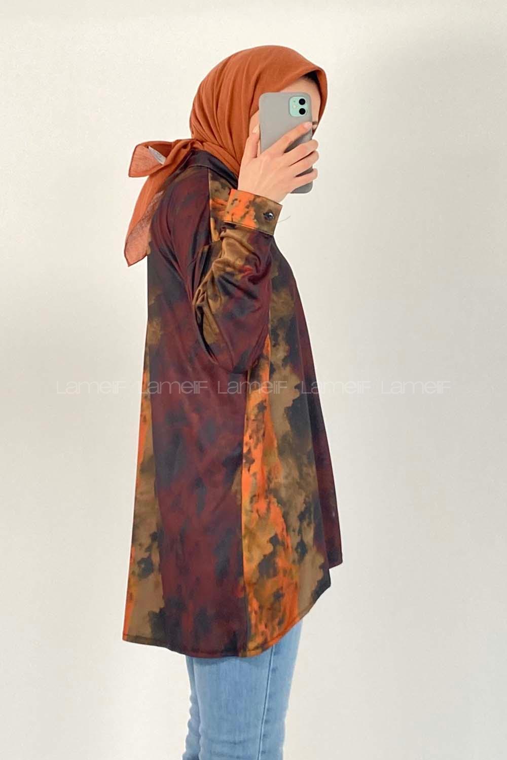 Modalamelif Püskürtme Boya Desen Tarz Gömlek Koyu Kahverengi