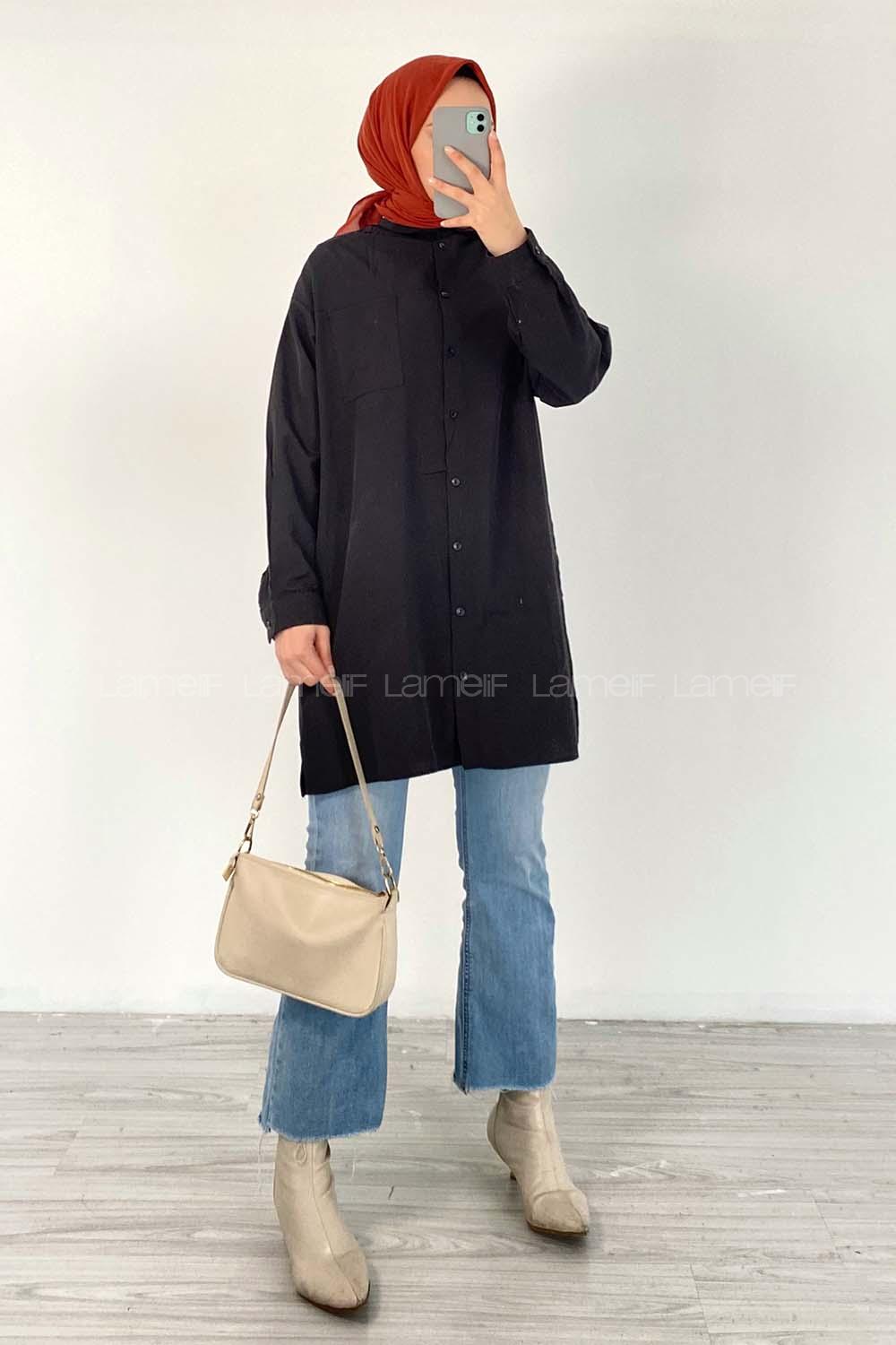 Modalamelif Tek Cep Detaylı Dakron Gömlek Siyah