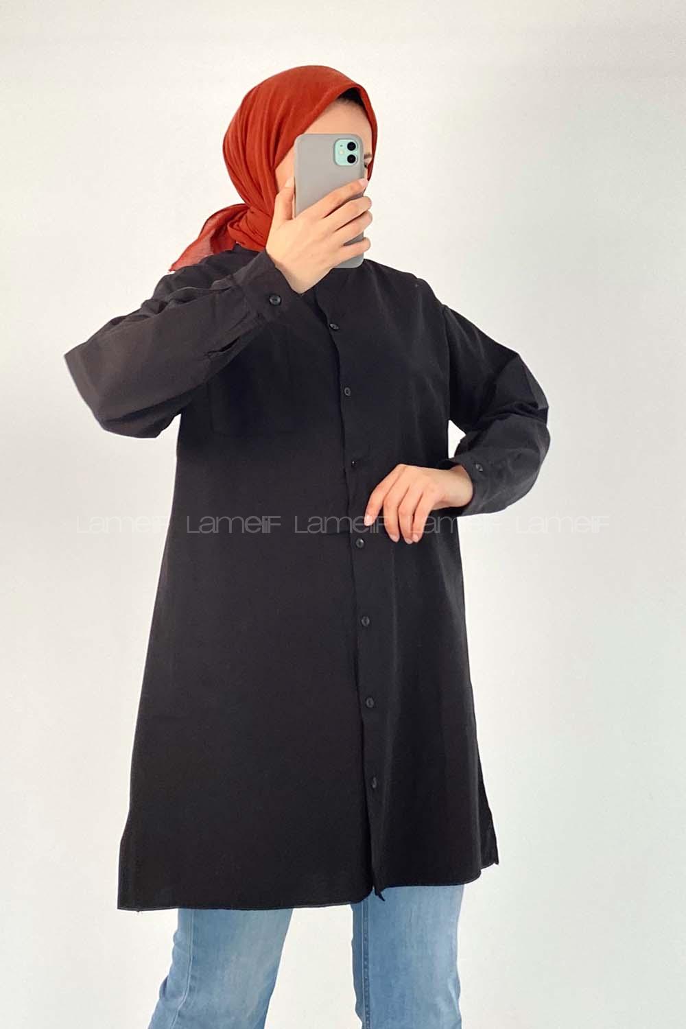 Modalamelif Tek Cep Detaylı Dakron Gömlek Siyah