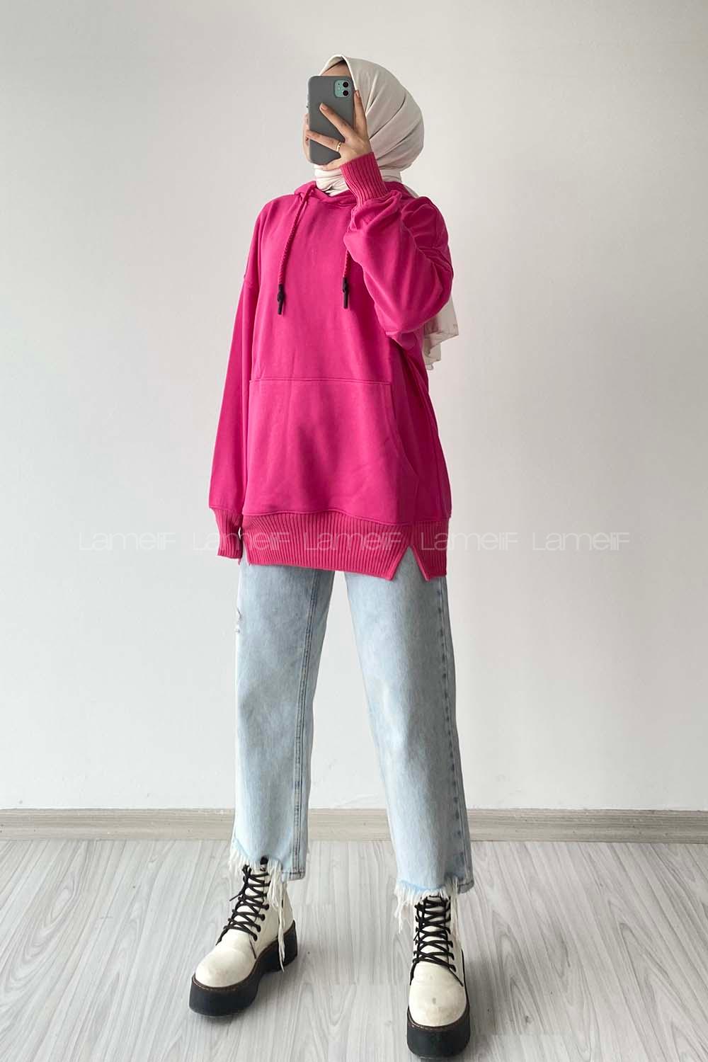 Modalamelif Kanguru Cep Kapüşon Detaylı Düz Vallyn Sweat Fuşya