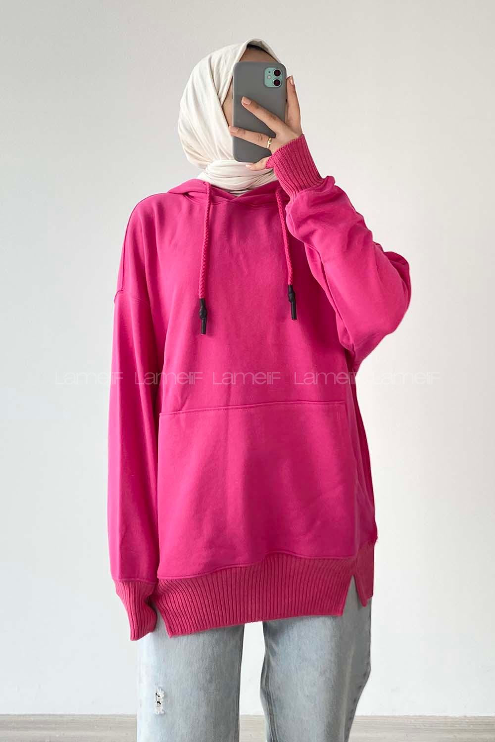 Modalamelif Kanguru Cep Kapüşon Detaylı Düz Vallyn Sweat Fuşya