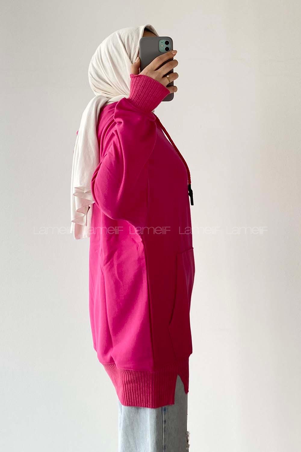 Modalamelif Kanguru Cep Kapüşon Detaylı Düz Vallyn Sweat Fuşya