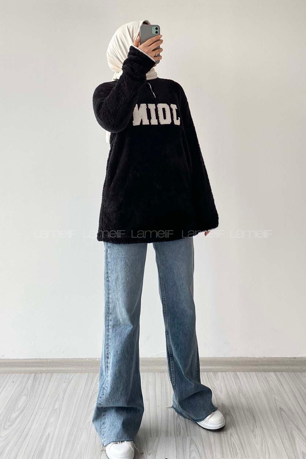 Modalamelif Yarım Fermuarlı Join Nakış Detaylı Peluş Sweat Siyah