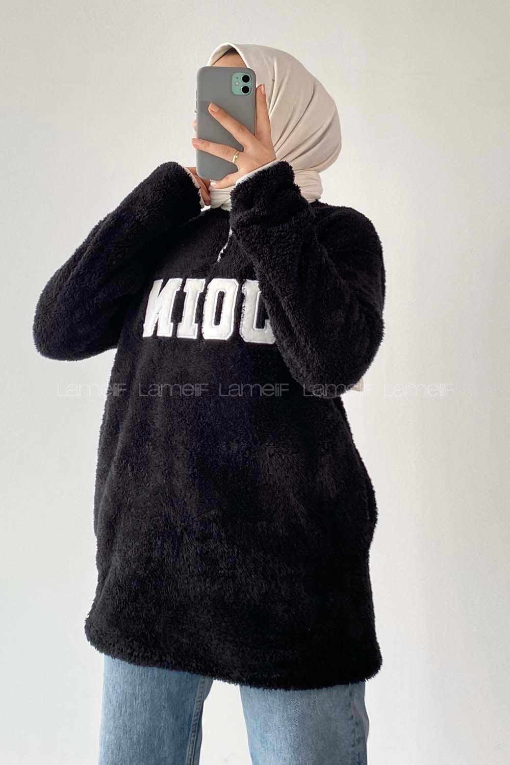 Modalamelif Yarım Fermuarlı Join Nakış Detaylı Peluş Sweat Siyah