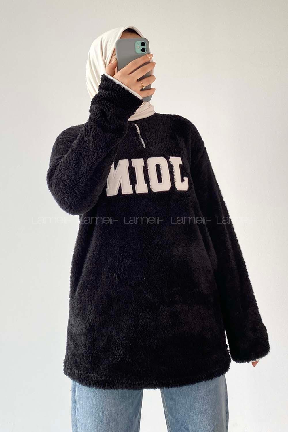 Modalamelif Yarım Fermuarlı Join Nakış Detaylı Peluş Sweat Siyah