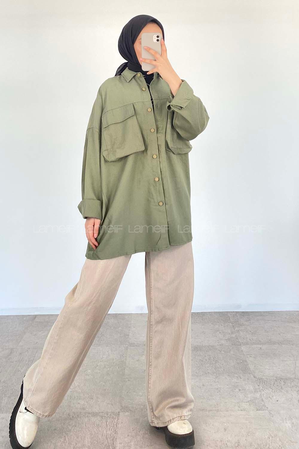Plum Green Shirt Collar Long Arm Cotton Unprinted Shirt