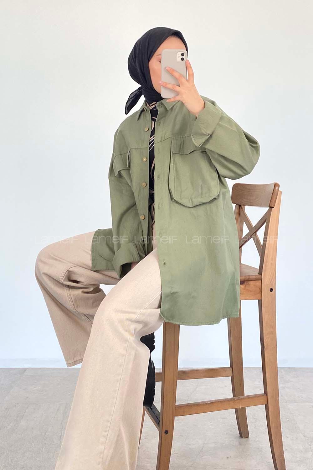 Plum Green Shirt Collar Long Arm Cotton Unprinted Shirt