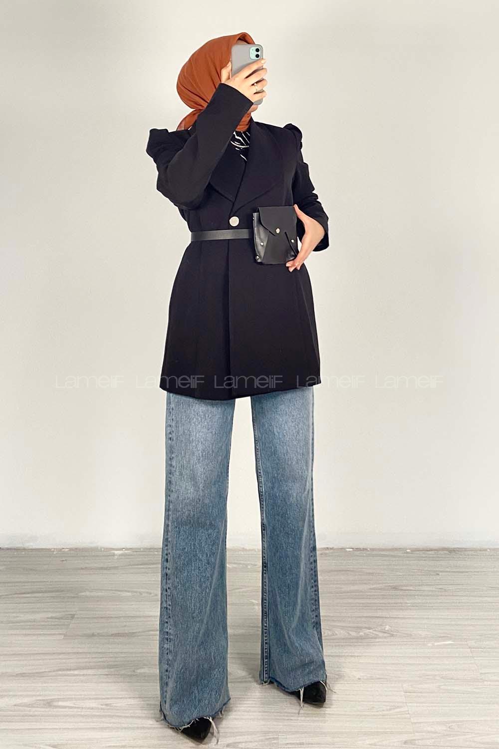 Modalamelif Çanta Kemerli Uzun Ceket Siyah