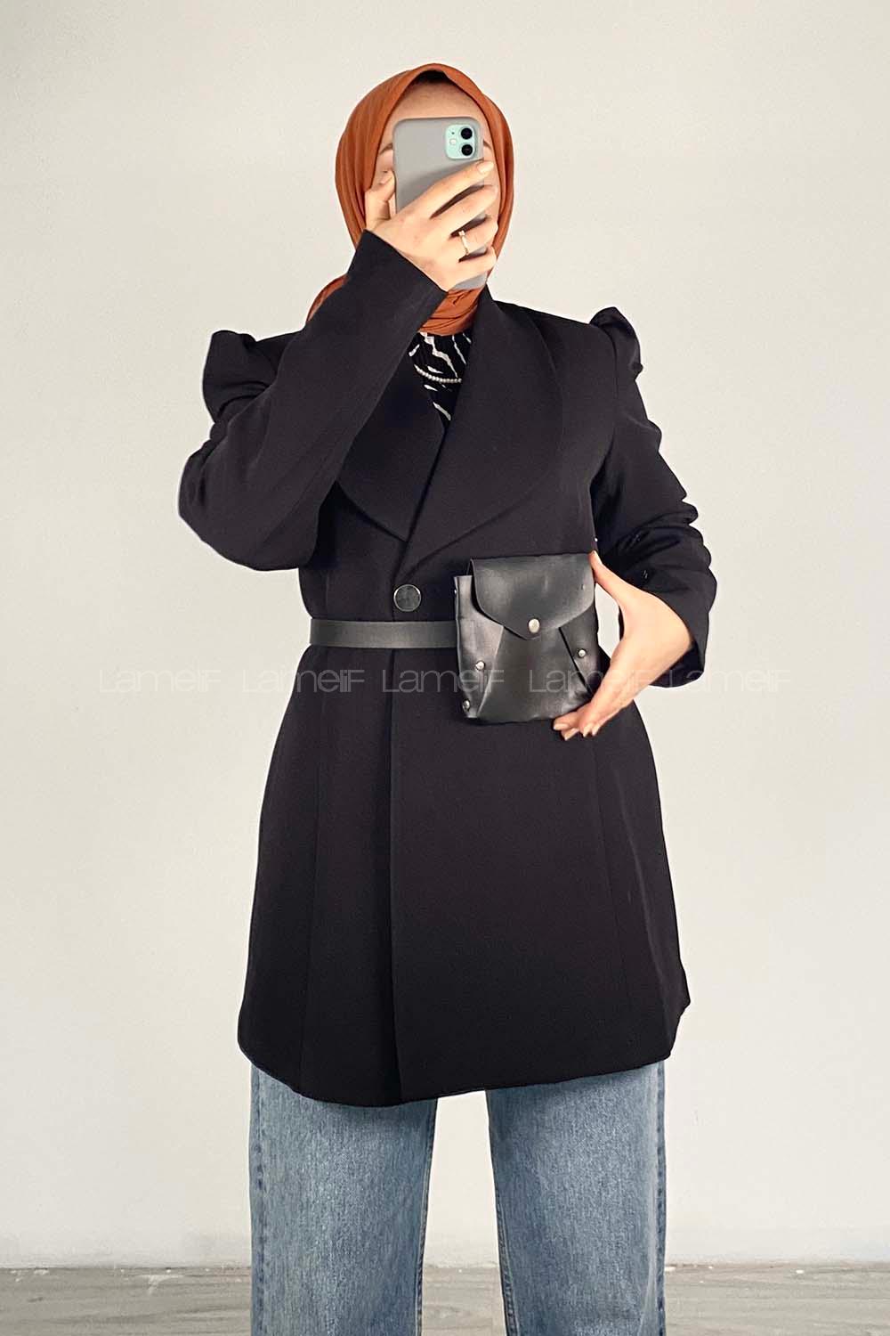Modalamelif Çanta Kemerli Uzun Ceket Siyah