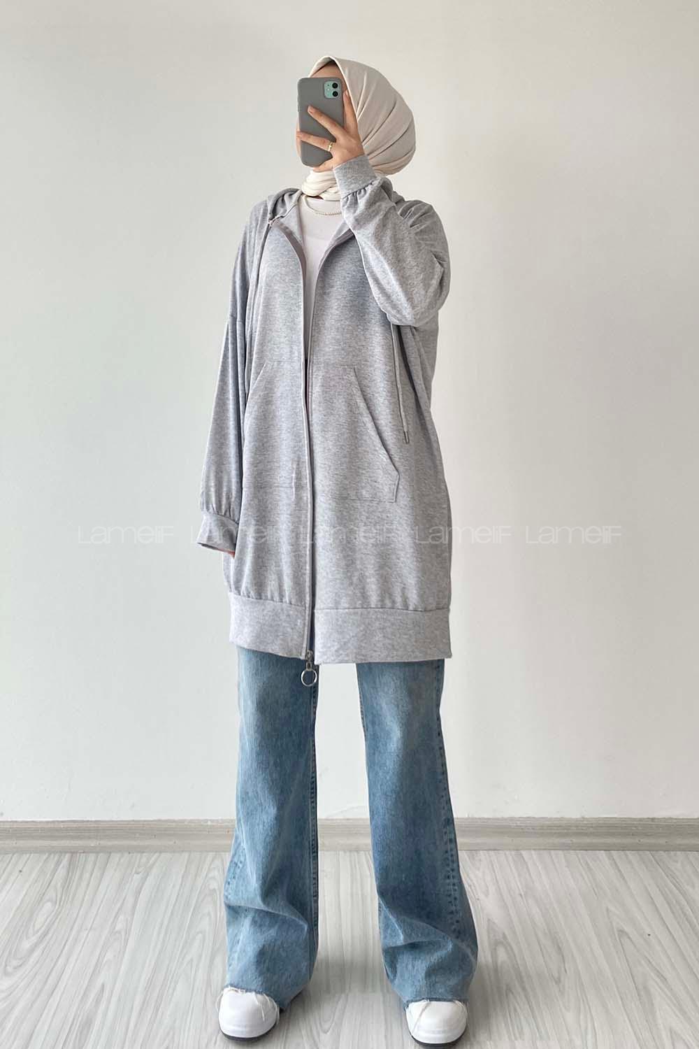 Gray Hood Neck Long Arm Unprinted Sweatshirt