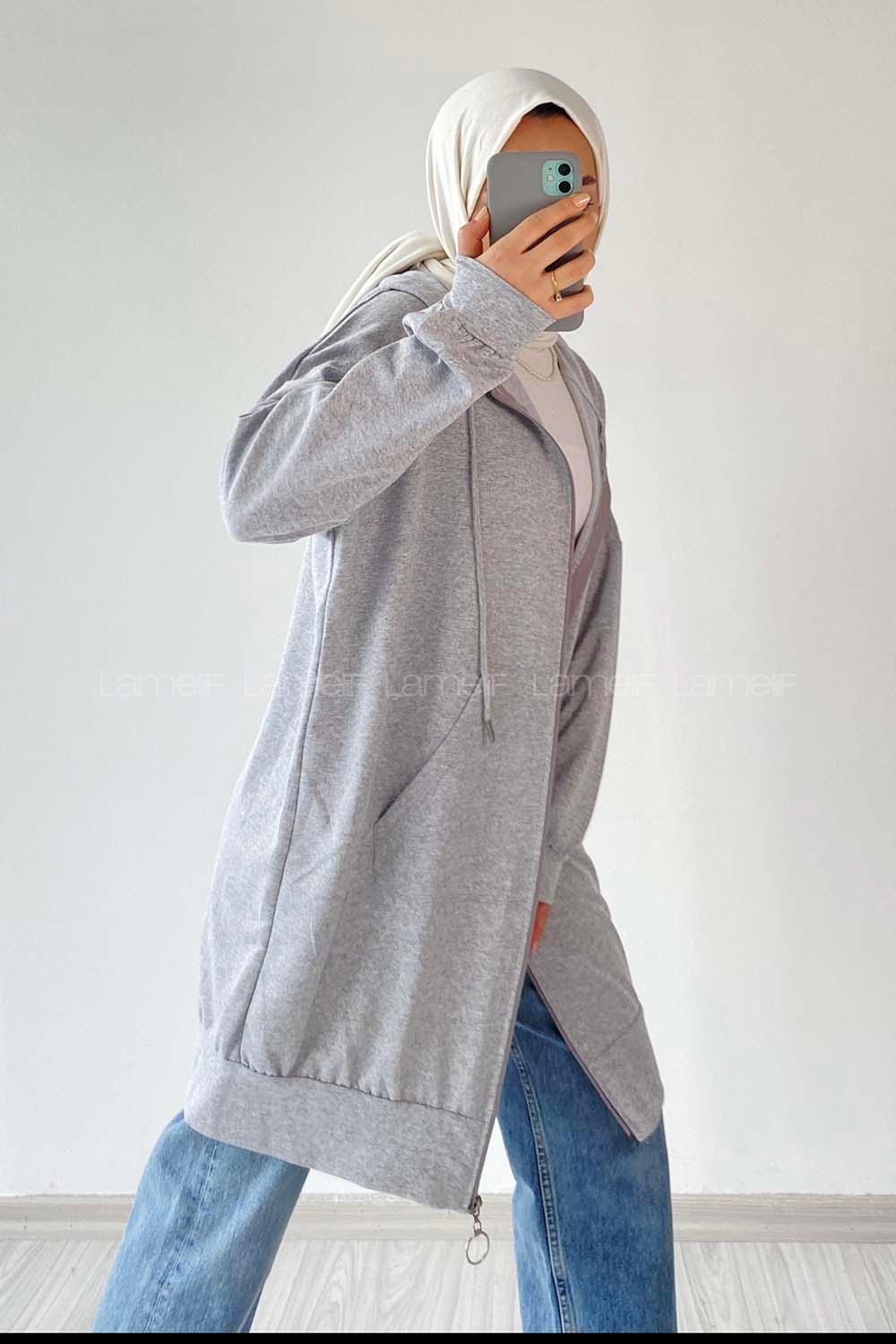 Gray Hood Neck Long Arm Unprinted Sweatshirt