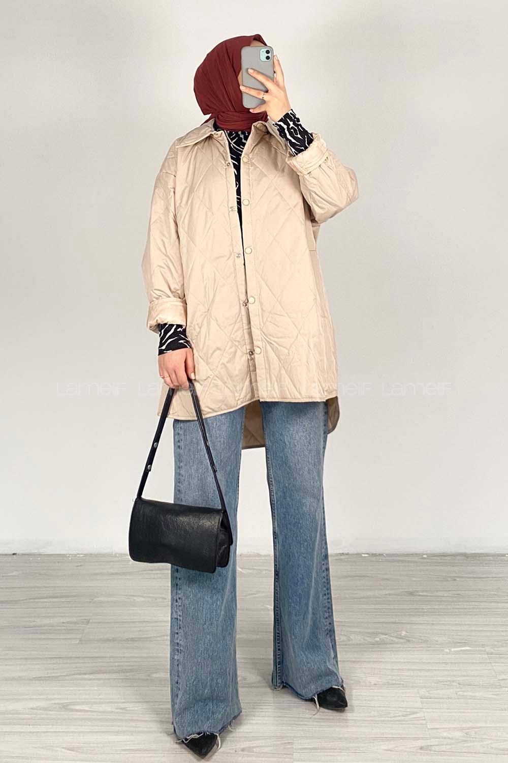 Modalamelif Önü Çıtçıt Düğmeli Mont Bej