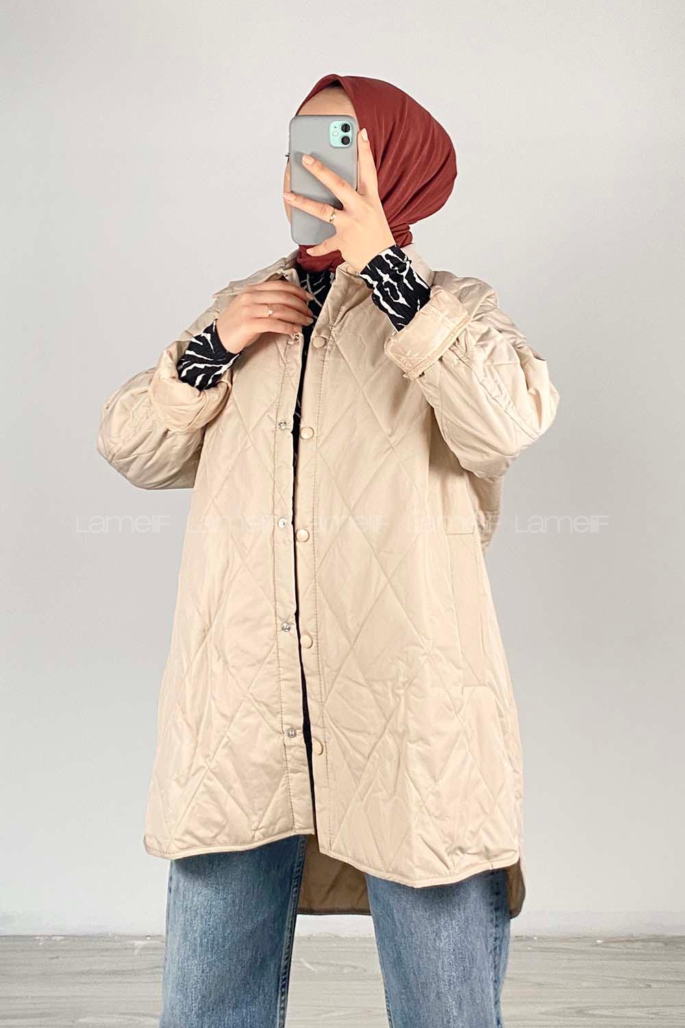 Modalamelif Önü Çıtçıt Düğmeli Mont Bej