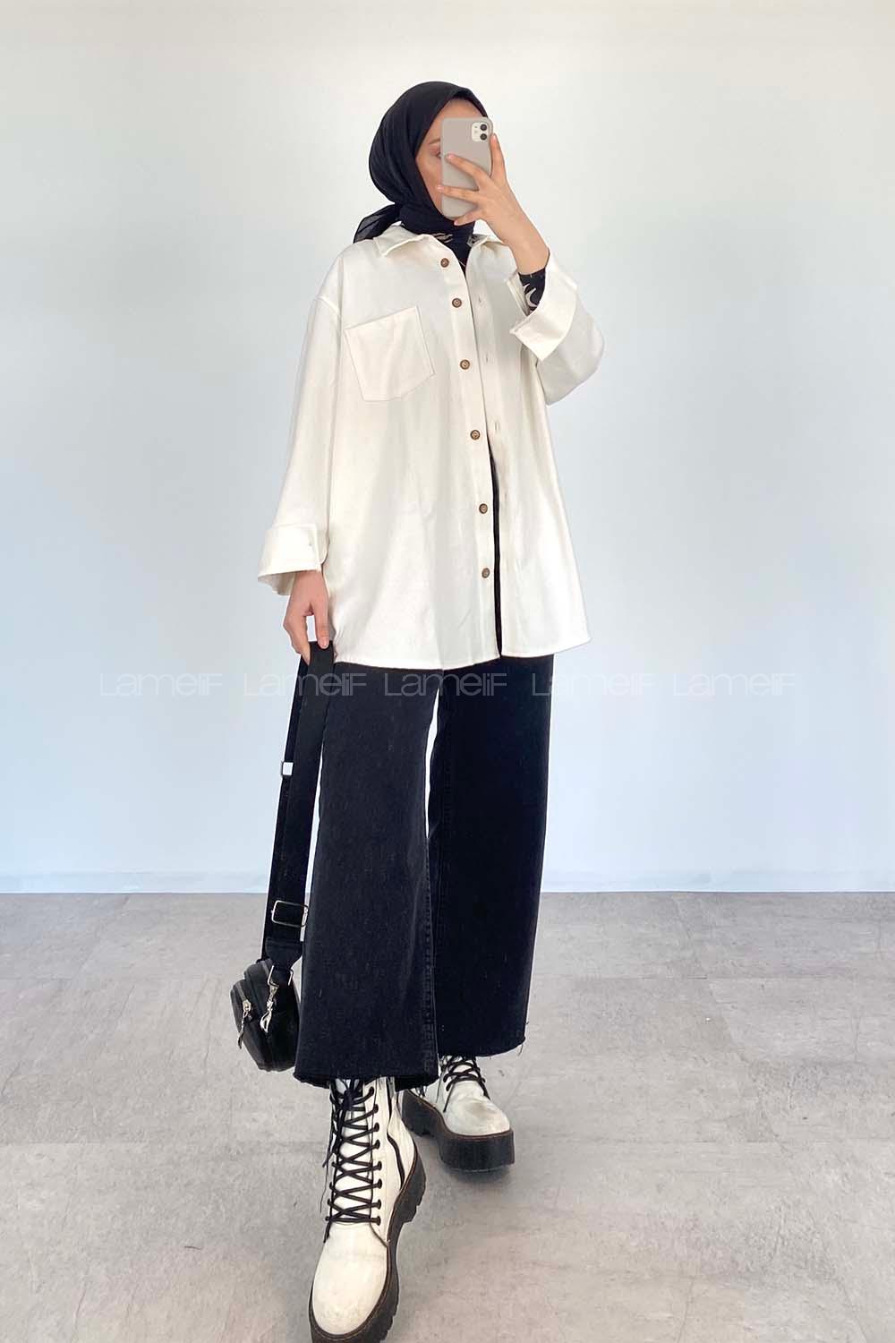 Modalamelif Tek Cepli Oversize Gömlek Ekru