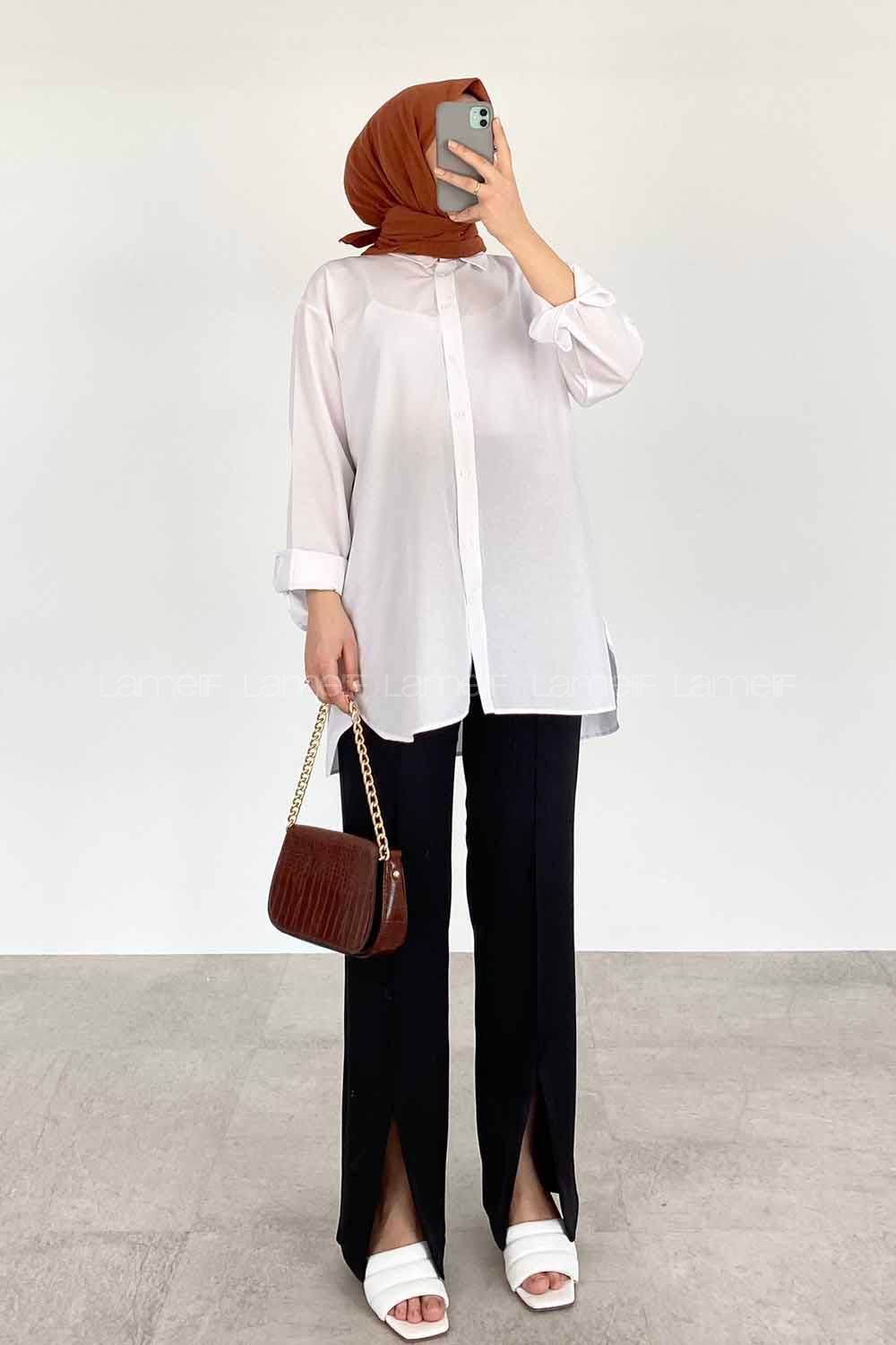 White Shirt Collar Long Arm Cotton Unprinted Shirt
